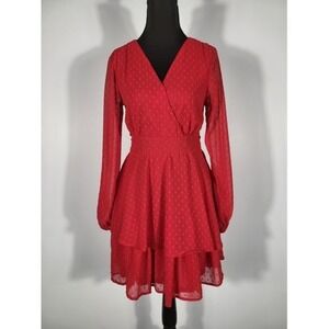 Japna Red Swiss Dot Dress Long Sleeve Ruffle Tiered Mini Dress Size S